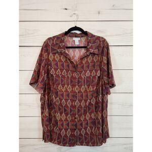 Catherines Women Multicolor Diamond Print Short Sleeve Button Down Shirt Size 1X